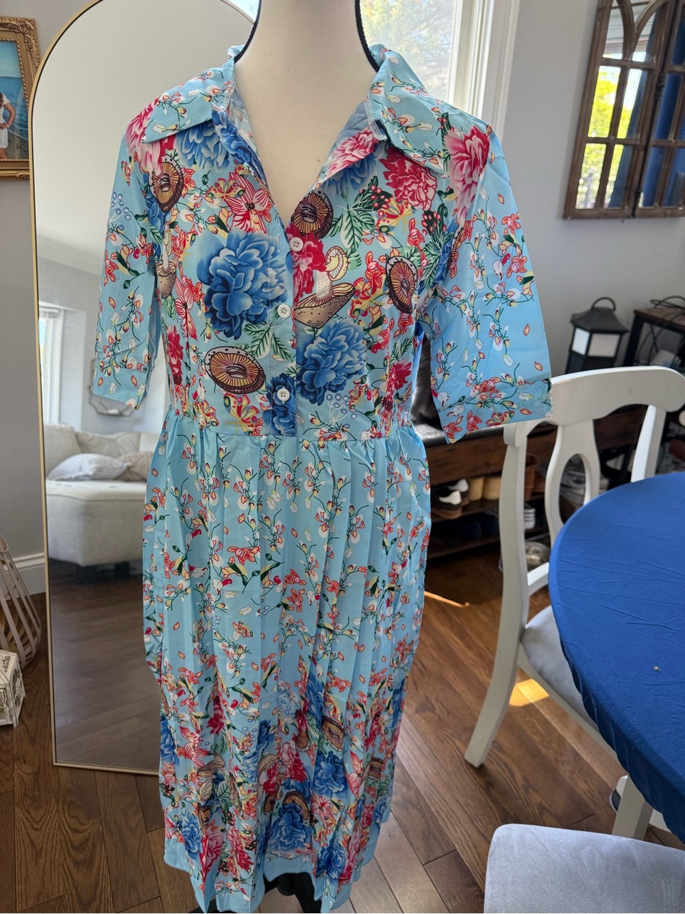 Light Blue Floral Lightweight Button-Front Midi Dress approximately medium